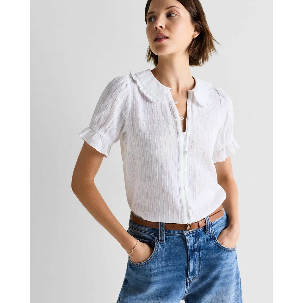 Quince Embroidered Cotton Ruffle Collar Short Sleeve Blouse White Medium NWT